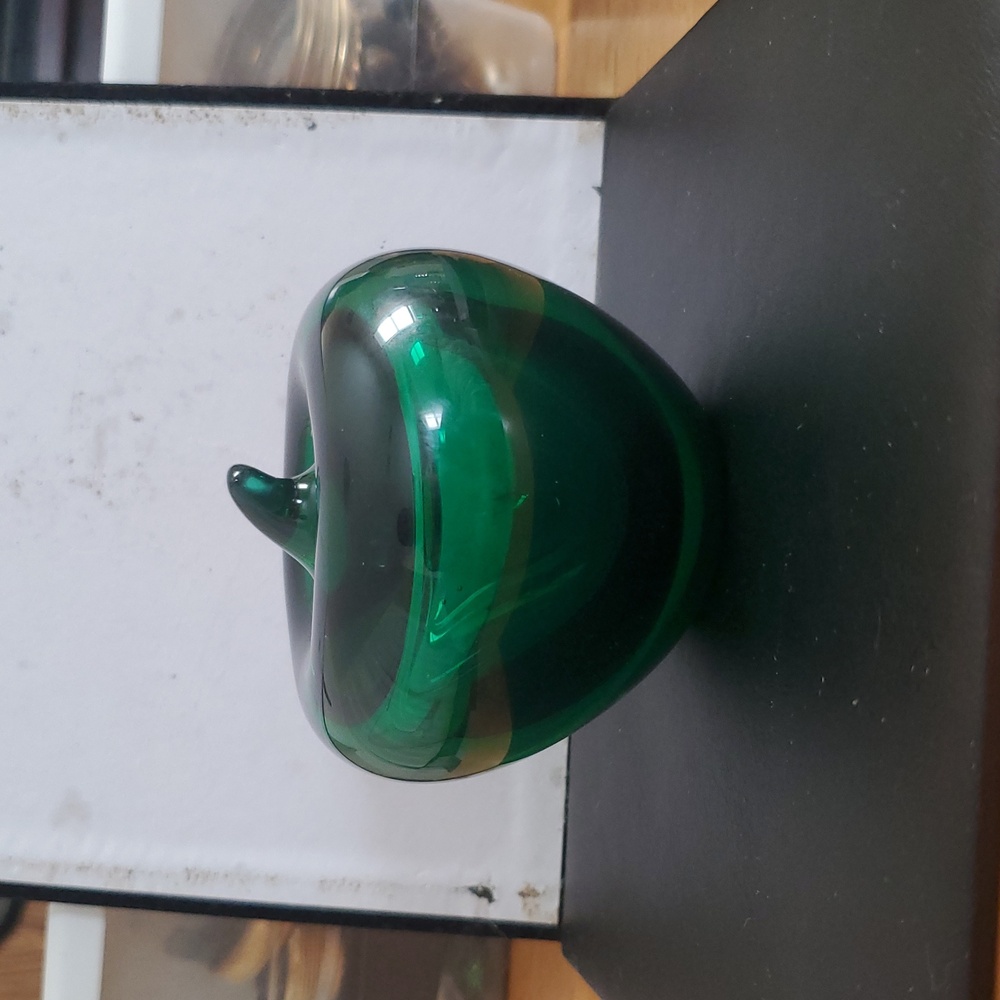 Vintage Hand Blown Green Glass Apple Mid Century  Art Glass